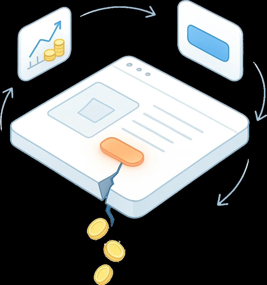 A store's product page as a slab: its button glows where sales are lost, coins fall out through a crack beneath it, and arrows loop round to a popup being placed and a rising revenue chart