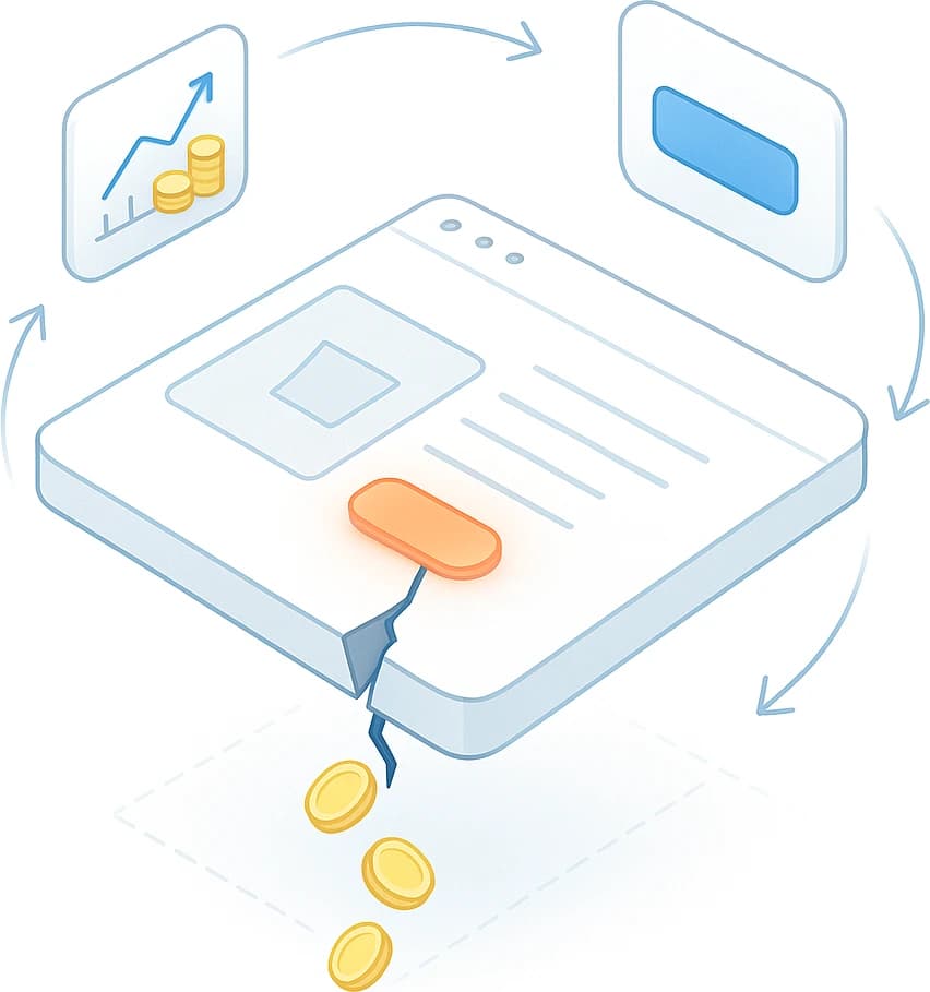 A store's product page as a slab: its button glows where sales are lost, coins fall out through a crack beneath it, and arrows loop round to a popup being placed and a rising revenue chart