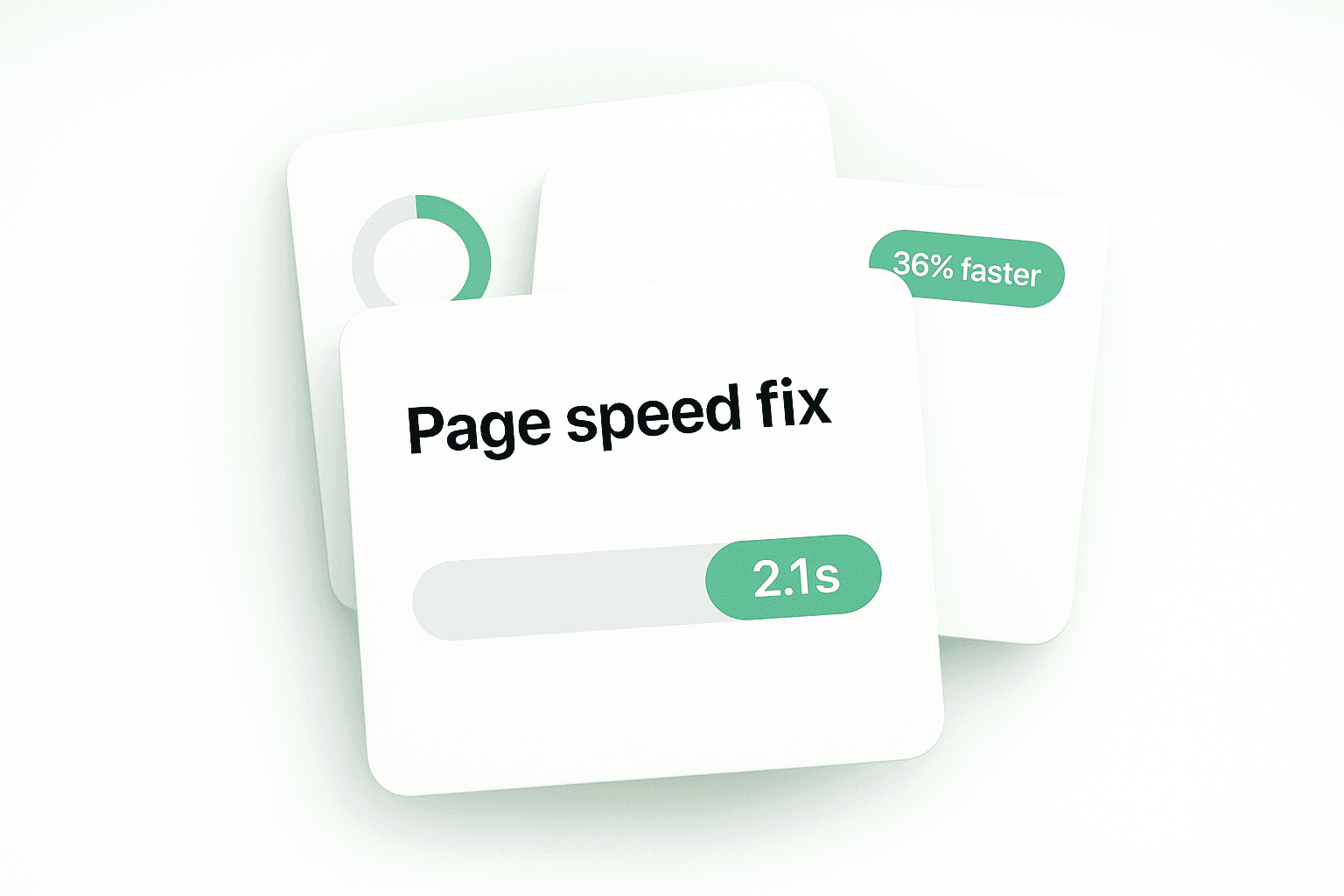 A fanned three-card stack: front card 'Page speed fix' with a load-time bar dropping from 3.4s to 2.1s, a middle card with a small donut gauge, and a back badge reading 36% faster