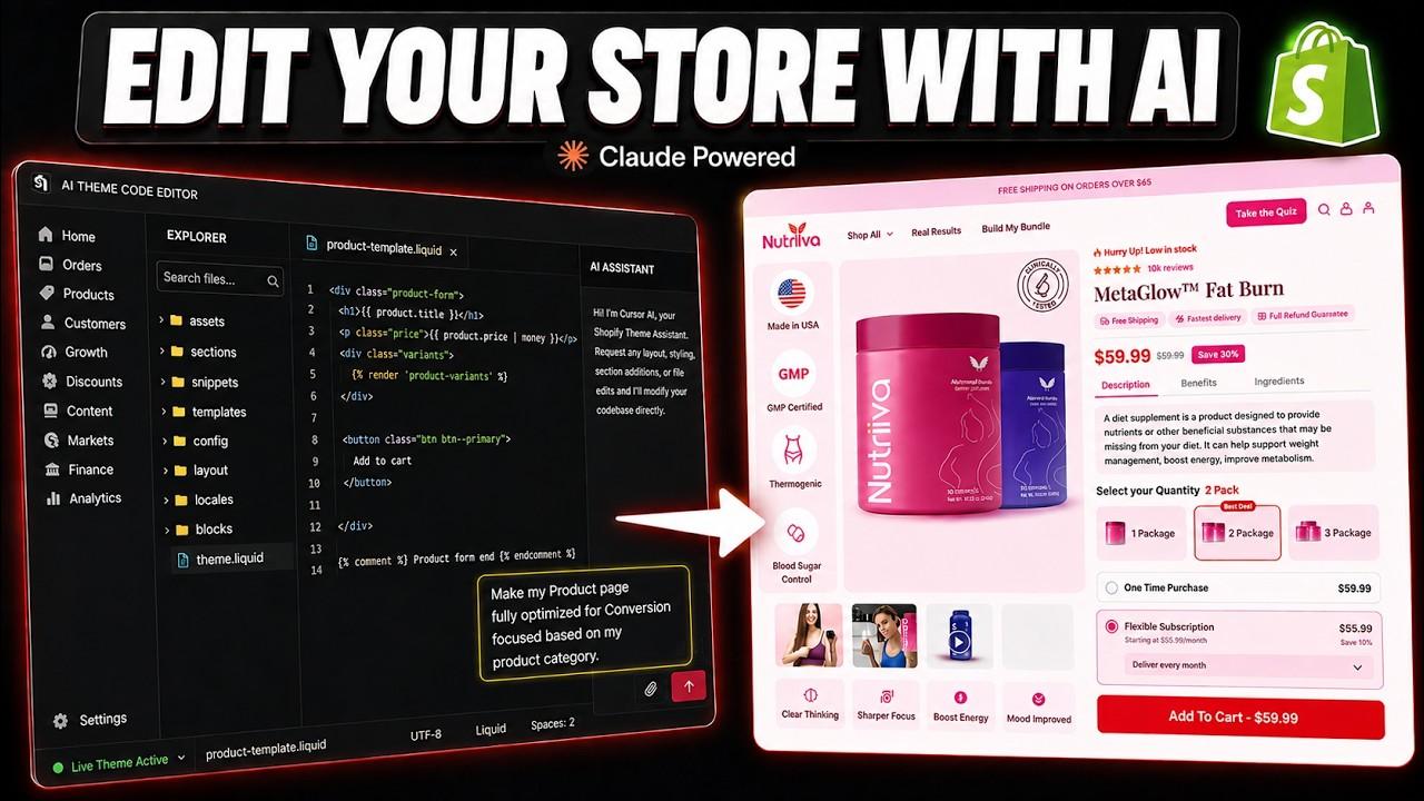 Edit your Shopify store with AI — the Claude-powered AI Theme Code Editor beside a product page it customized