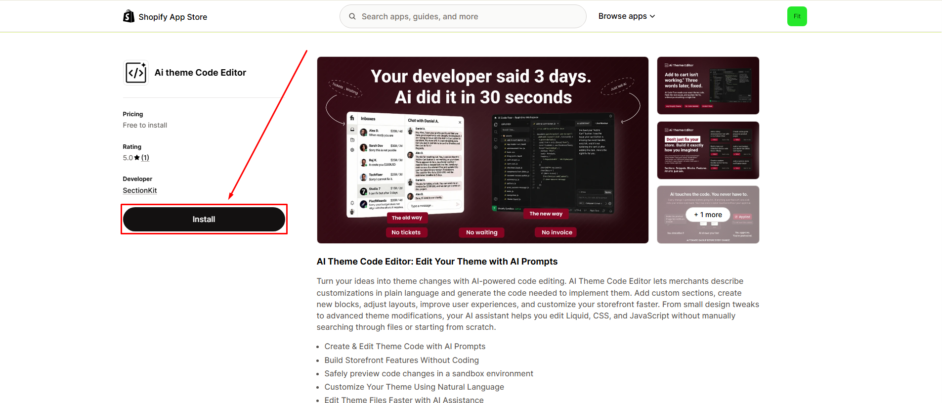 SectionKit's AI Theme Code Editor listing on the Shopify App Store