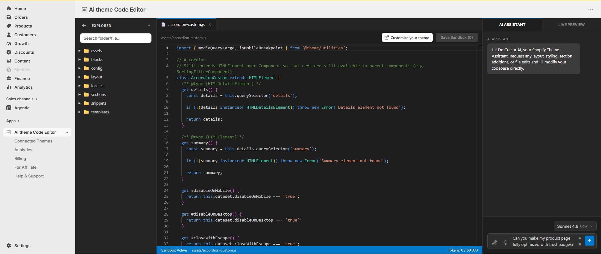 The AI assistant chat panel beside the theme code, ready for a plain-English prompt