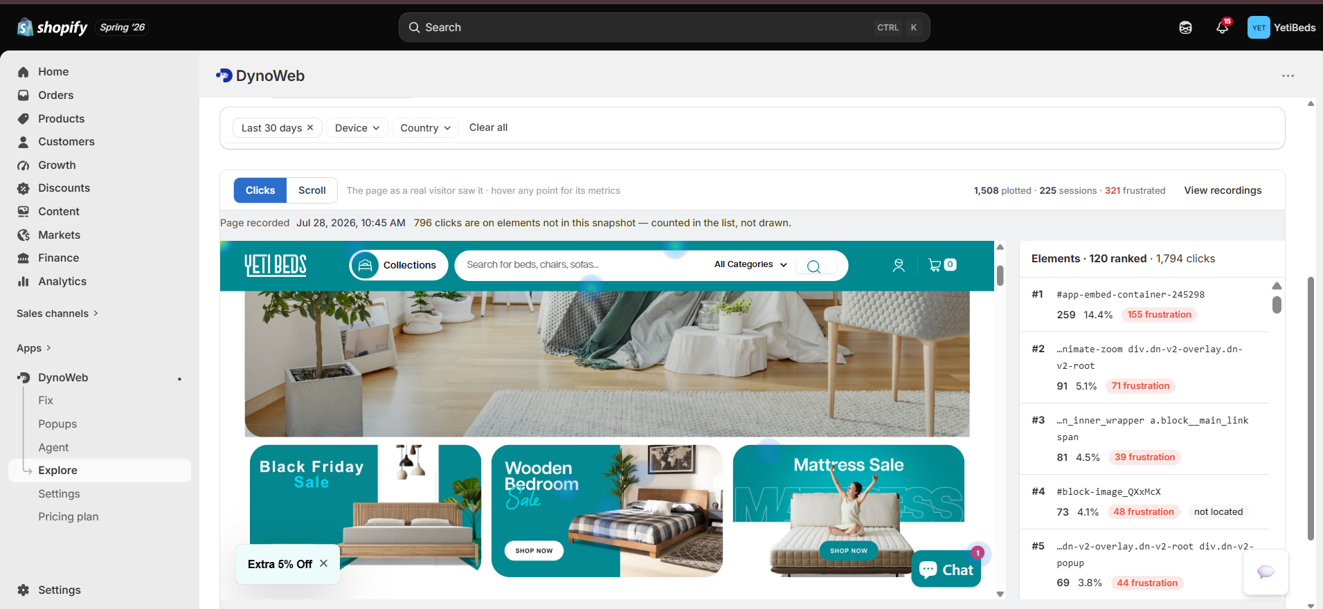 DynoWeb Heatmaps interface showing click overlay and per-element metrics on a product page.