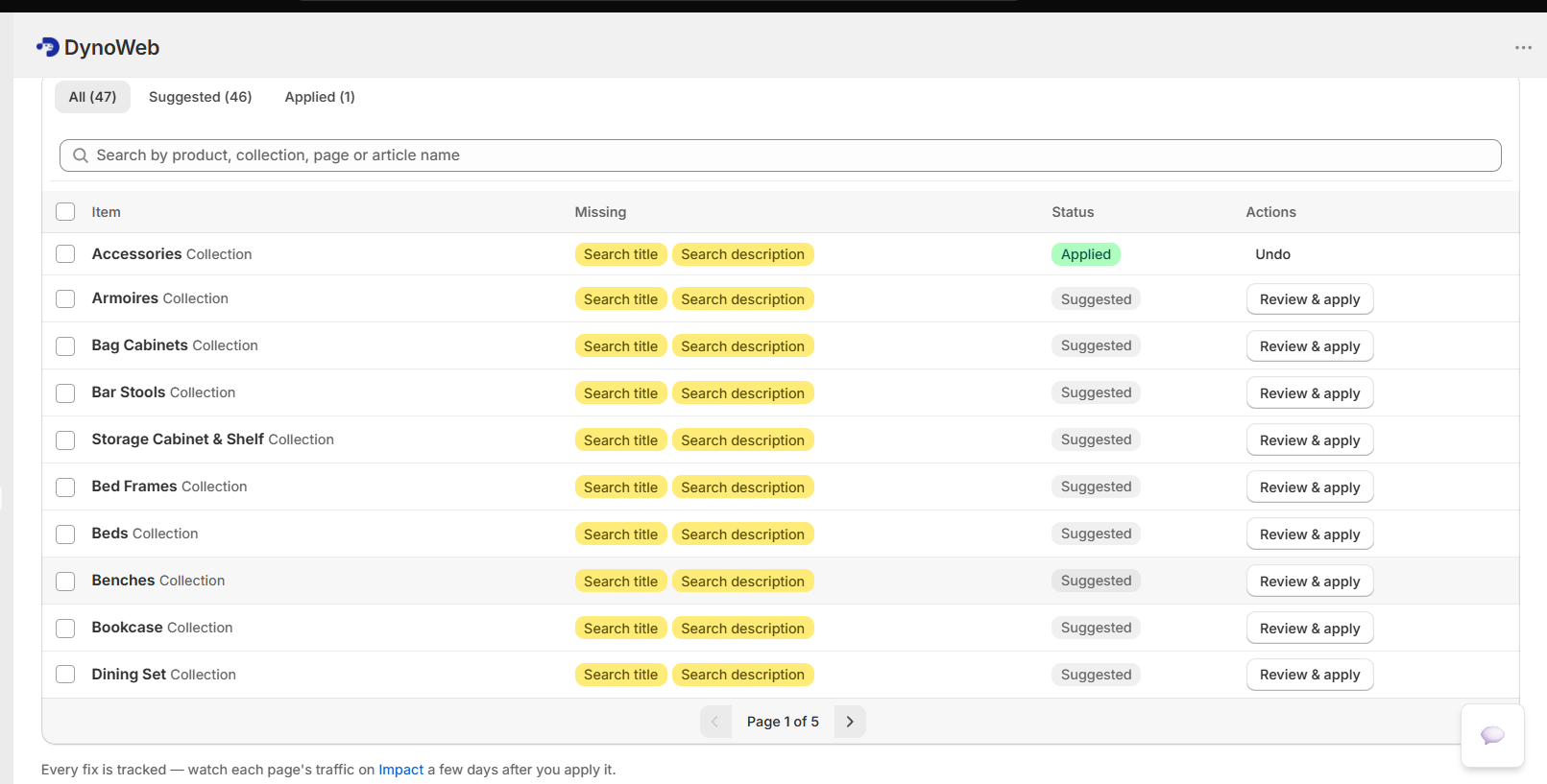 SEO Autopilot applied rows with verified status and undo control.