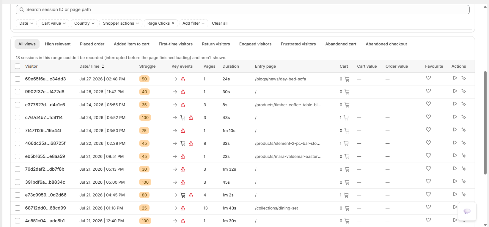 Replay index filtered to friction sessions.