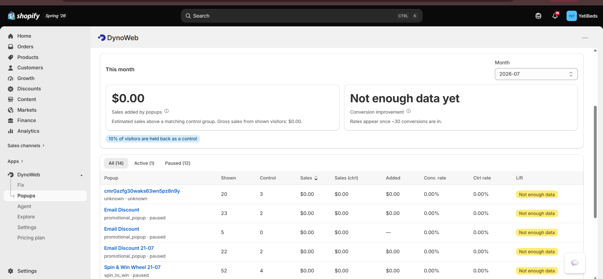 Popups attribution view with incremental revenue per intervention.