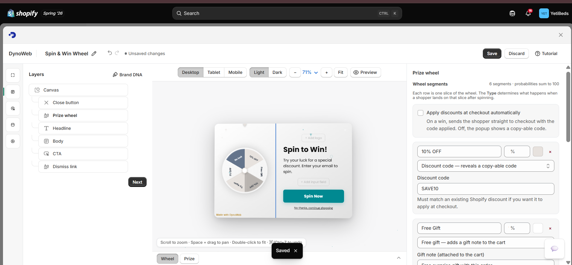 Popups visual editor with layer tree, canvas and controls.